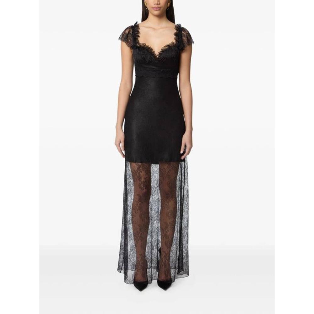 Nina Ricci Ruffled Short Sleeve Long Lace Dress in Black FR 34 US 2